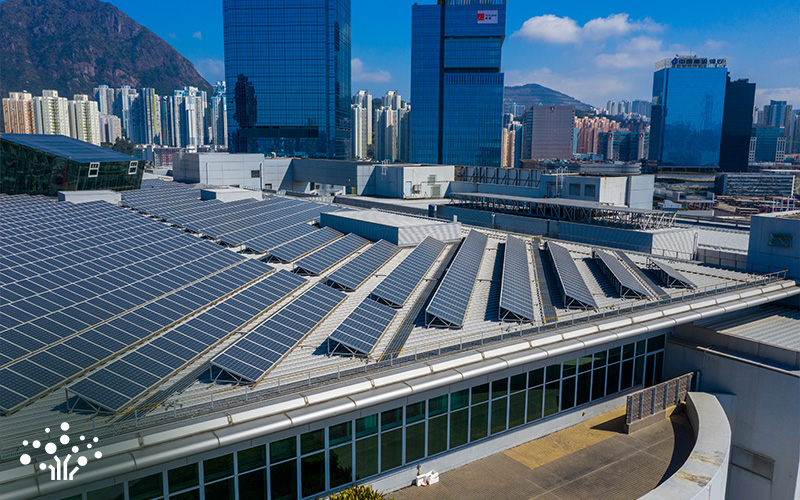 Solar panels on a commercial building roof