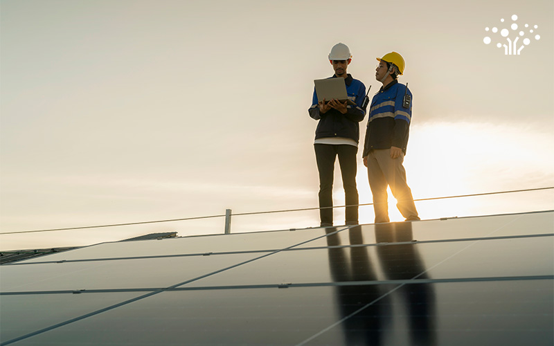 Two workers inspecting solar panels at sunset.