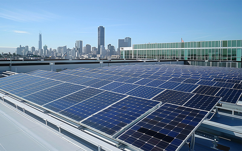 PMCE rooftop solar panels powering high-energy facilities and structures.