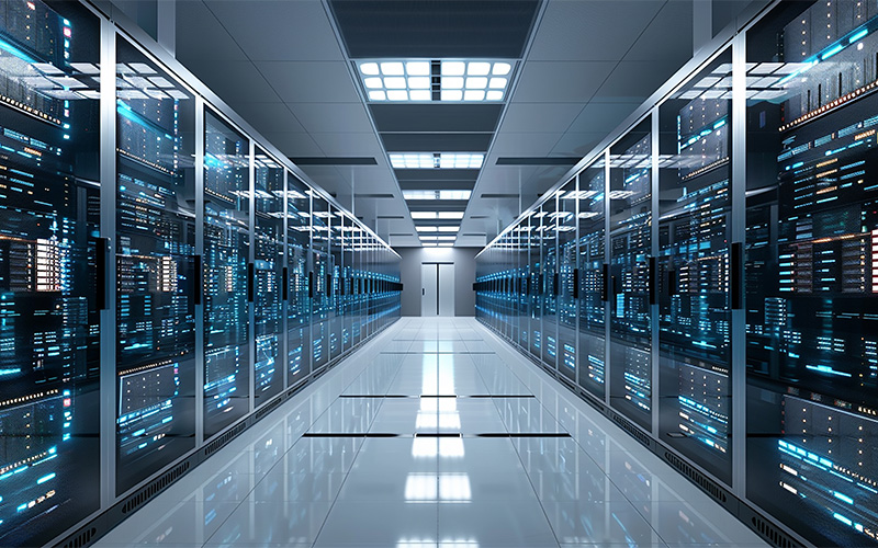 Modern server room exploring solar energy opportunities and limitations.