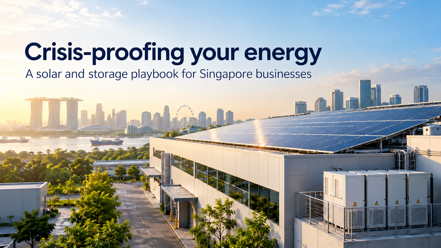 Illustration of rooftop solar panels and battery storage on a Singapore commercial building.