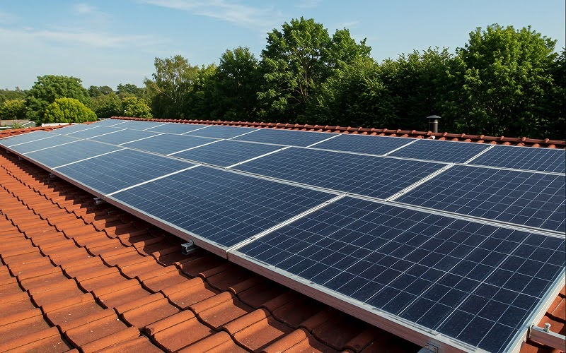 Solar panels installed on residential red tiled roof in Singapore.