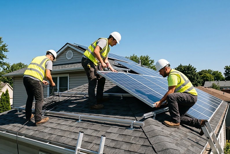 Technicians installing solar panel system on residential roof safely.